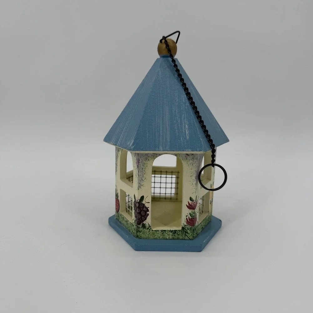 Hand Painted Wooden Birdhouse Blue Gazebo Floral Fruit Garden Decor 7.5 Inch